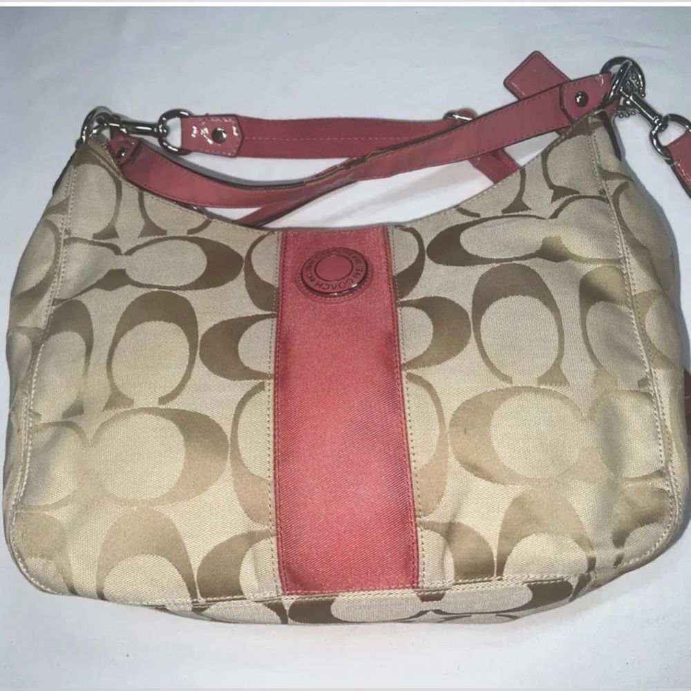 Coach  Peach Signature Stripe Jacquard Hobo Bag